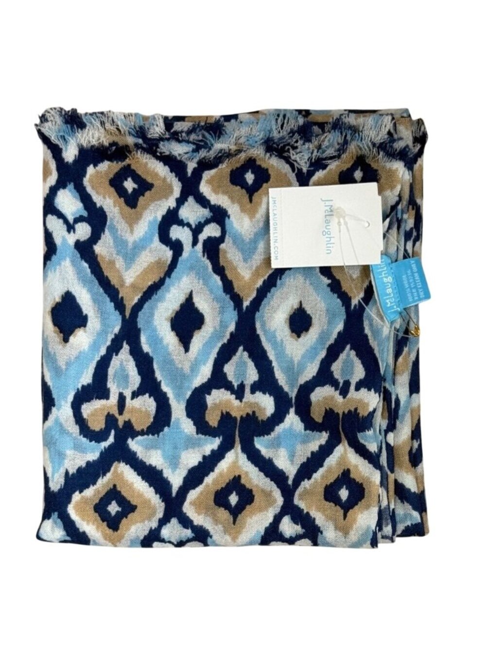 J.McLaughlin New Reed Scarf Navy / Beige / Lt Blue Ikat Wool Lightweight